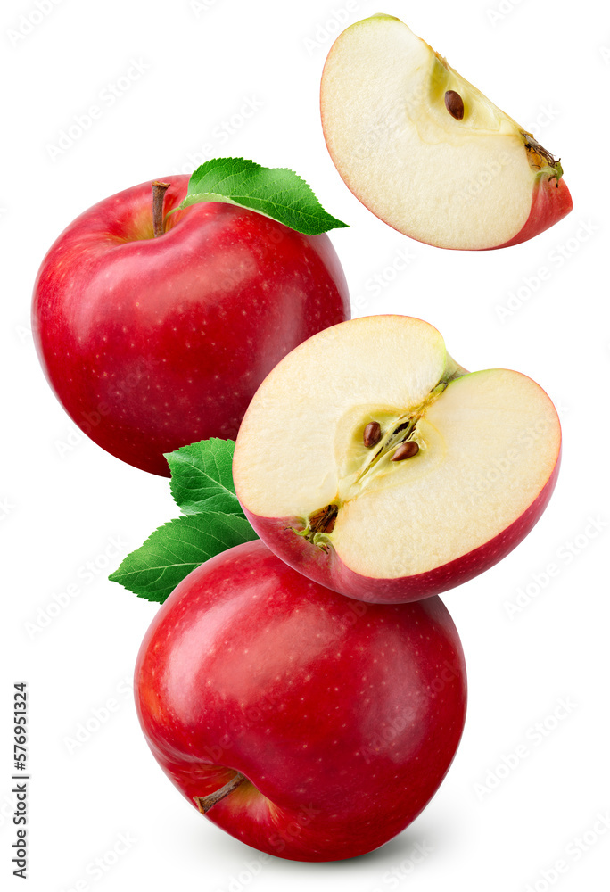 Red apple isolated. Whole, half and apple slice flying on white background. Red apples with leaves a