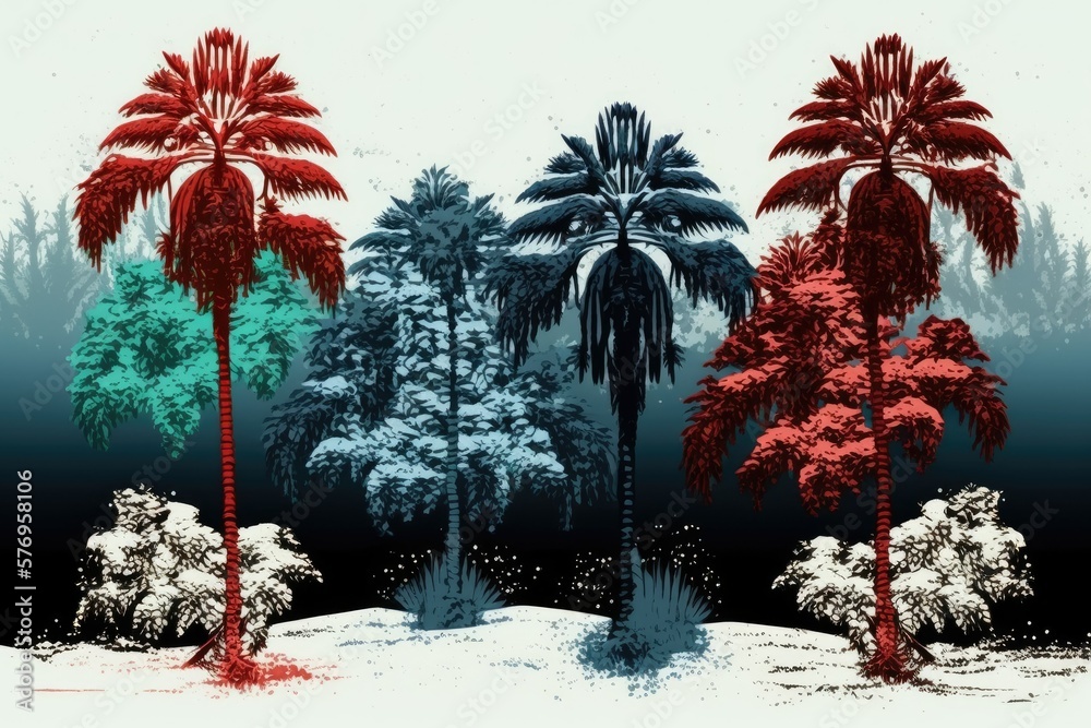 Palm trees covered in snow, spending the winter in the tropics. Generative AI