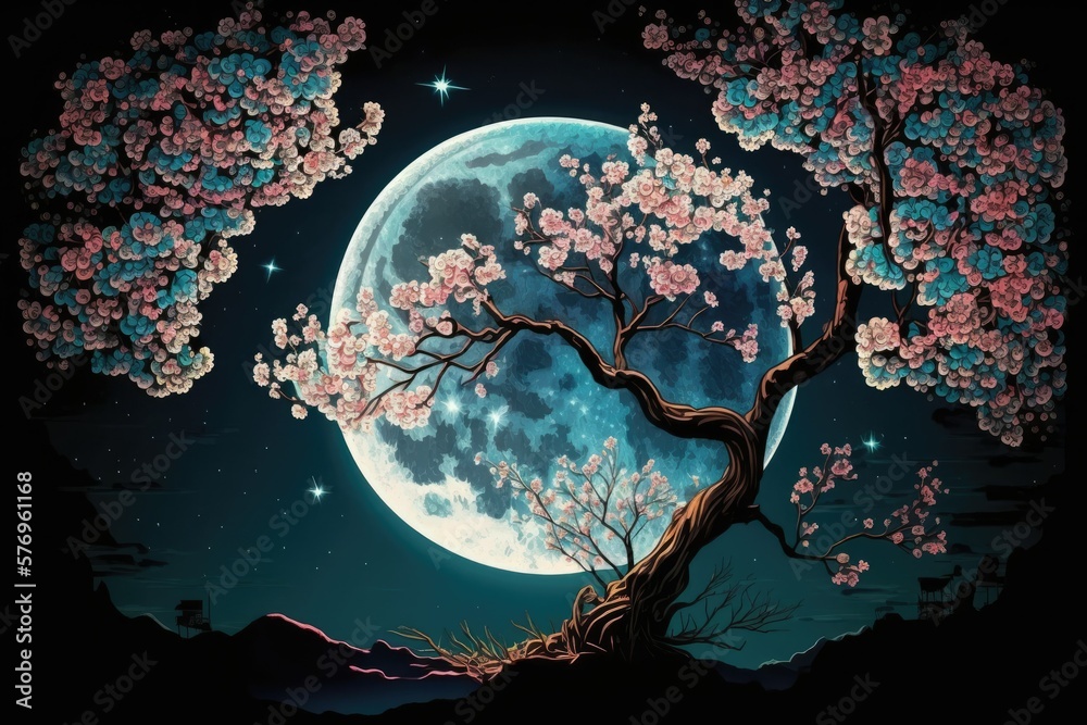 Beautiful cherry blossom (sakura) blooms against a starry night sky and a glowing full moon creates 