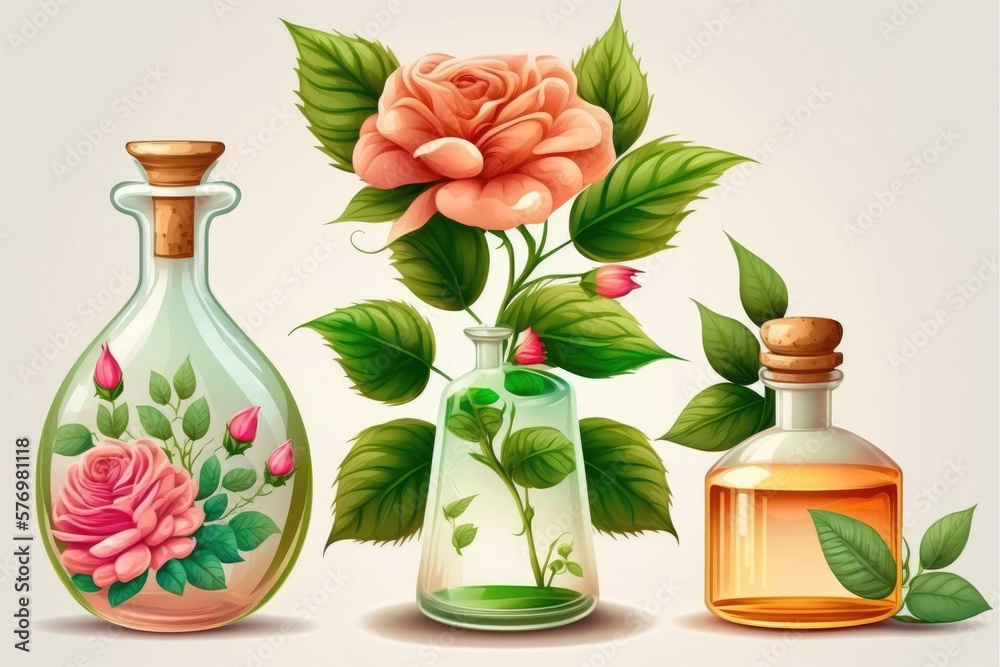 Rose flowers and rose oil in bottles, set on a marble table. Generative AI