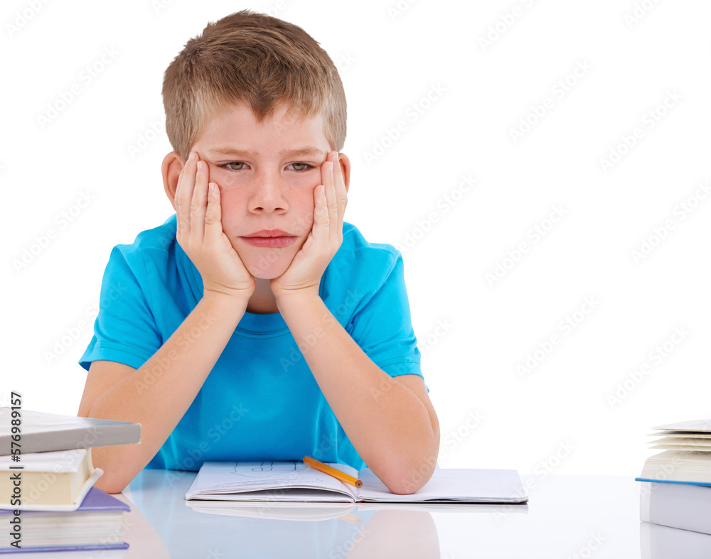 A student boy with a sad and frustrated expression struggles with learning disabilities, burnout, an