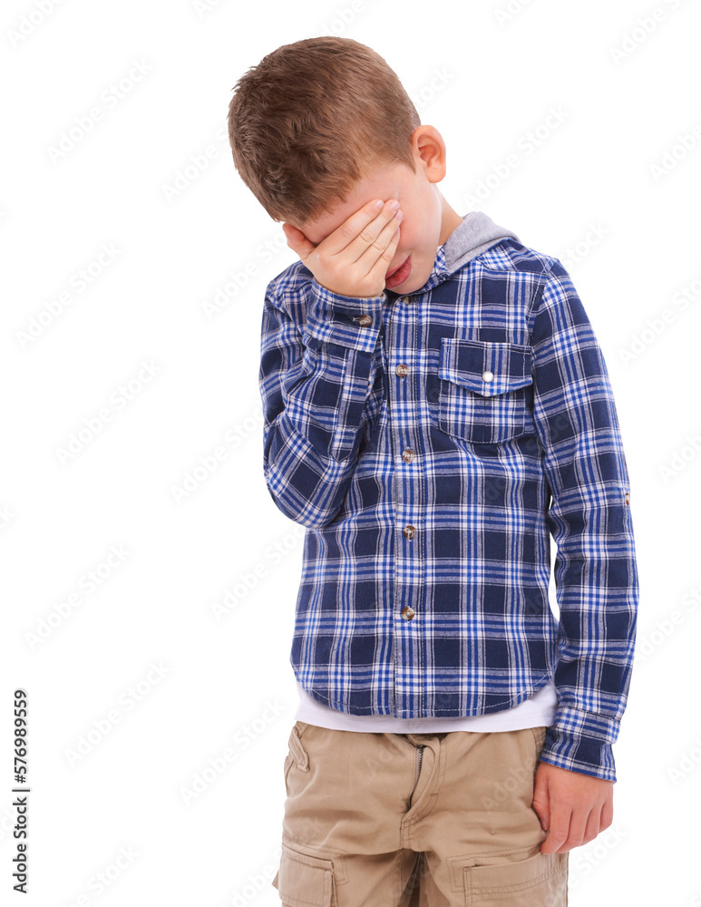 An unhappy and frustrated child is shown covering his face with hands, possibly due to concerns abou