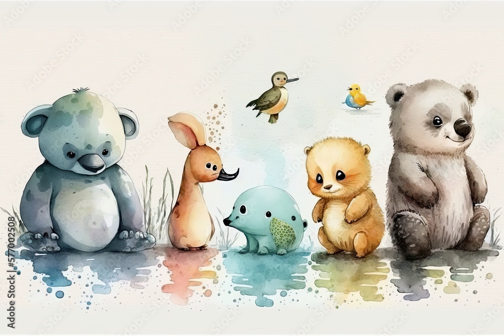 Illustration of infant animals in watercolor for a baby room. Generative AI