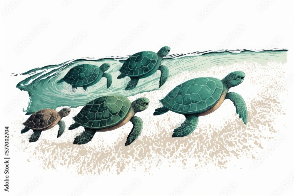 Direction of the sea. In a rush to get to the water, newborn turtles are on the move. Generative AI