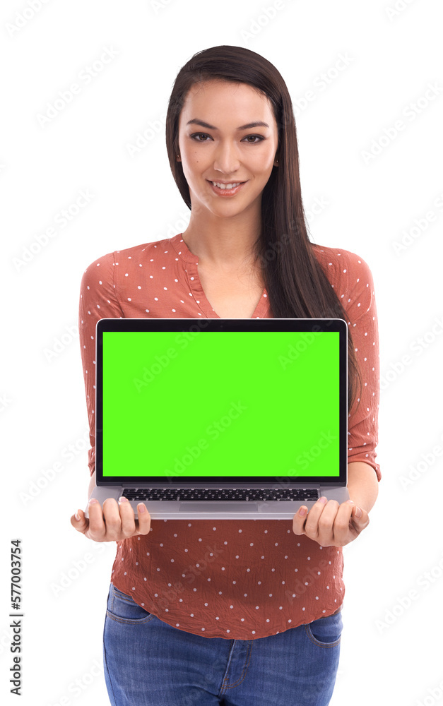 A young Asian woman or a girl with computer screen mockup for online data, Green screen, laptop back