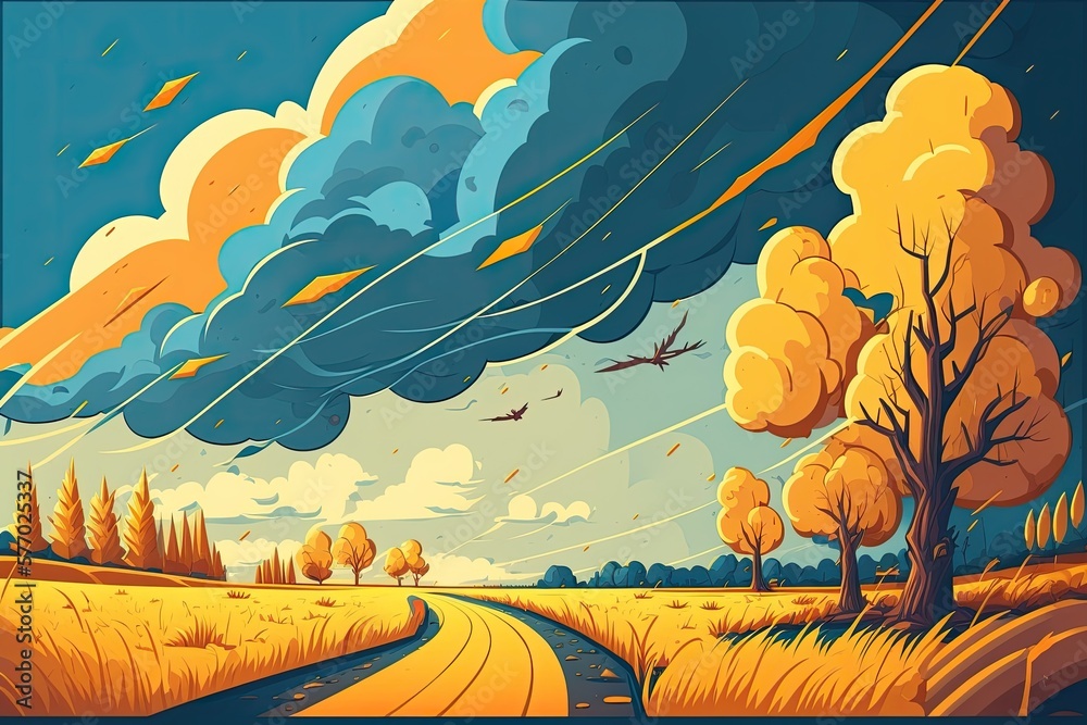 An autumn field with a storm brewing overhead. Generative AI
