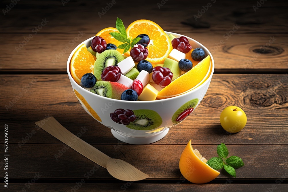 Fruit salad in a bowl, a symbol of a healthy diet and a weight loss symbol on a wooden table. Genera