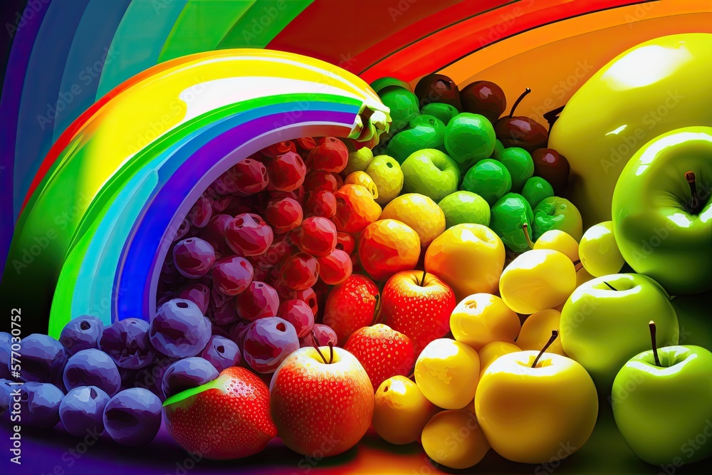 Market fresh, organic fruits in a rainbow of colors, including apples, oranges, bananas, grapes, and