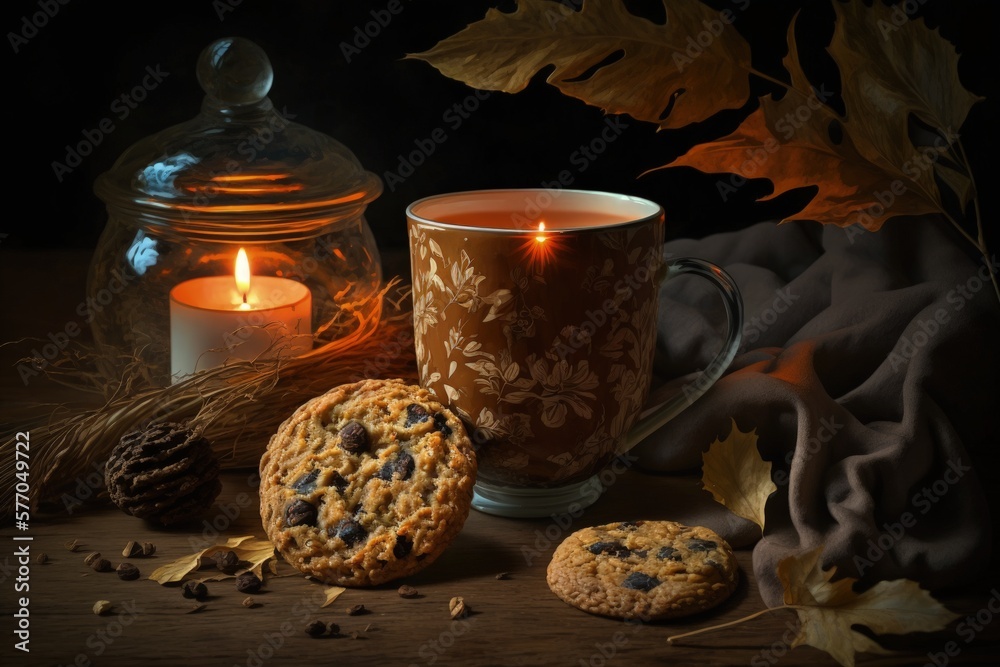 A still life in autumn. Oatmeal chocolate chip cookie and oatmeal tea with leaves and pumpkin and a 