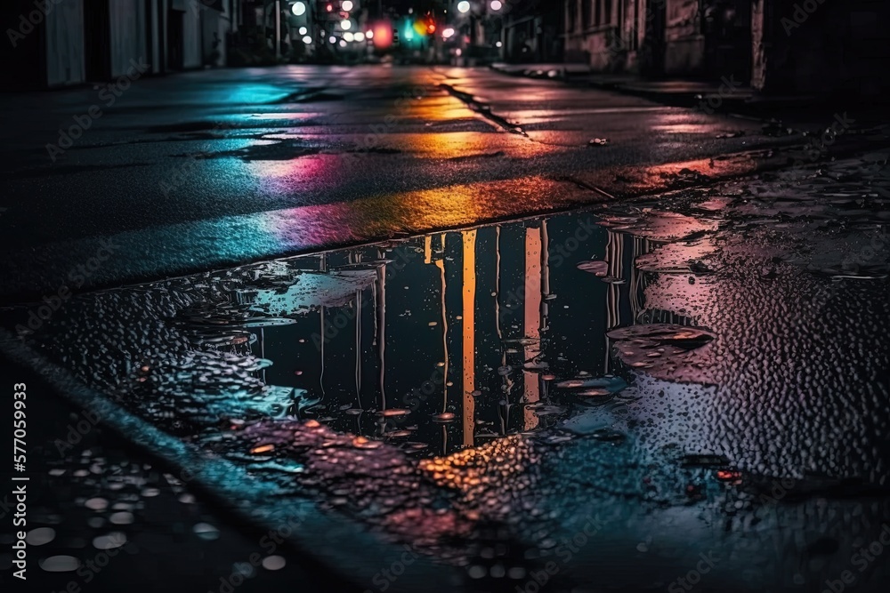 Wet pavement, nighttime scene, neon lights reflected on the cement below. Nothing happening in the s