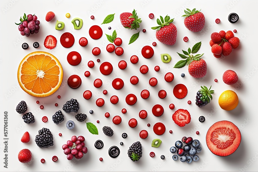 Background, strawberries, and an assortment of healthful raw fruits and berries blackberries, orange
