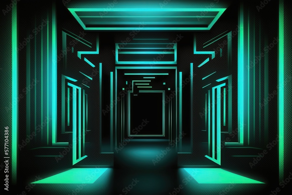 , blue green neon abstract background, UV light, vacant nightclub space interior, tunnel or corridor