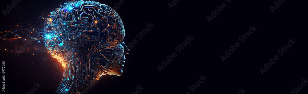 an illustration depicting an artificial intelligence with a digital brain, depicted as a humanoid cy
