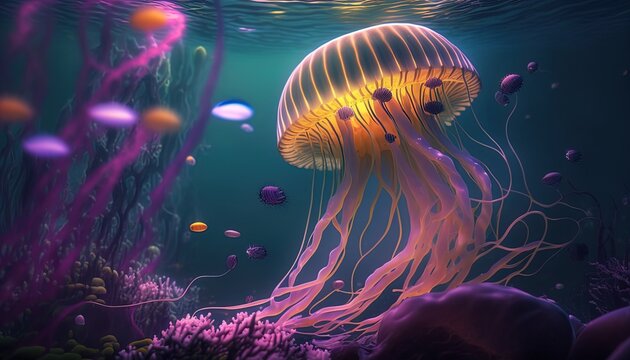 jellyfish in colorful underwater world created with generative ai technology
