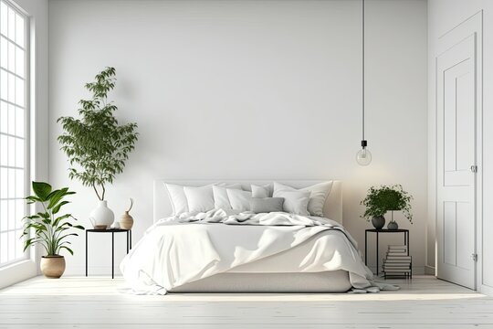 Front view on bright bedroom interior with empty white wall, bed, bedsides, pillows, lamp, houseplant, wooden hardwood floor. Concept of minimalist design. Space for creative idea. Generative AI