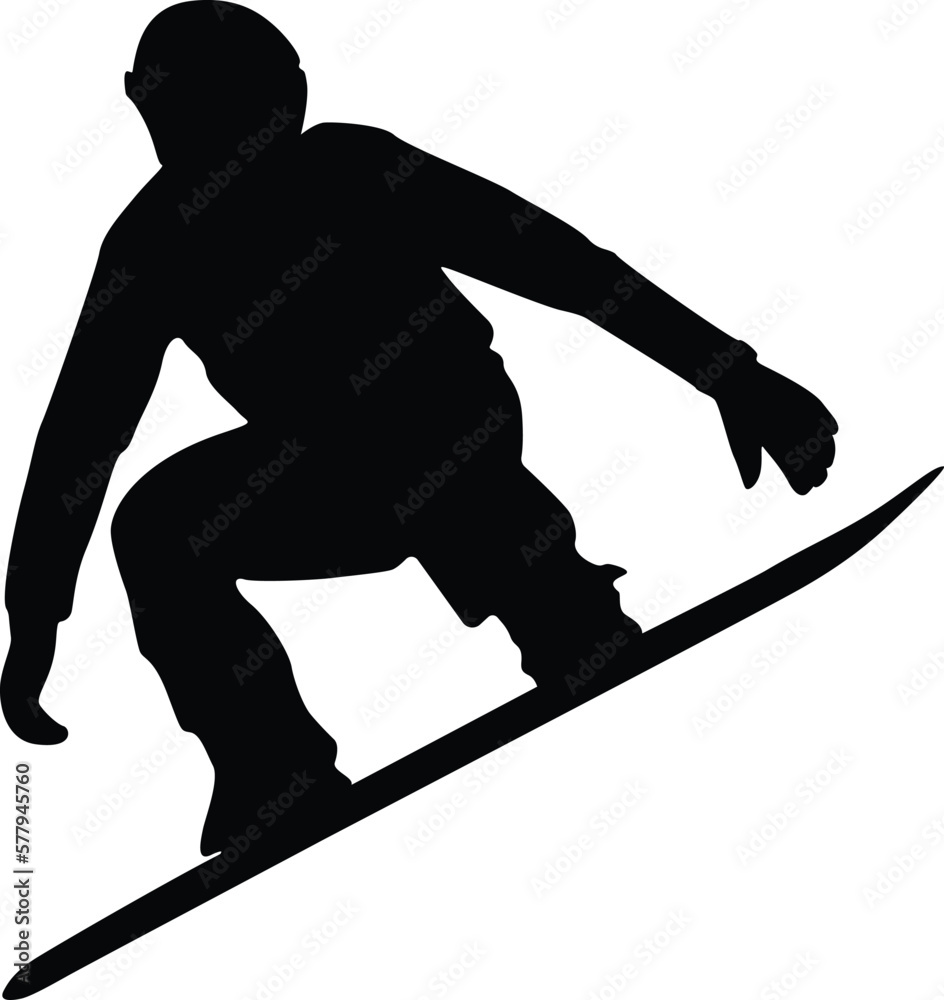 athlete snowboarder jump and flight snowboarding competition, side view, black silhouette sports vec