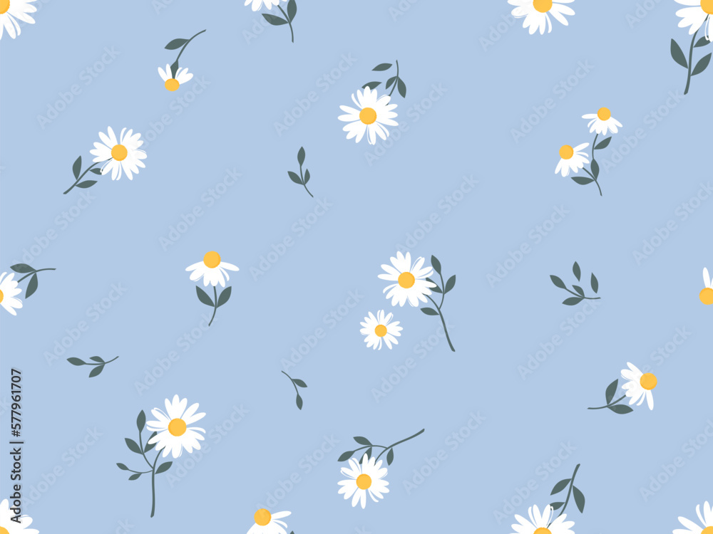 Seamless pattern with chamomiles daisy flower on blue background vector.