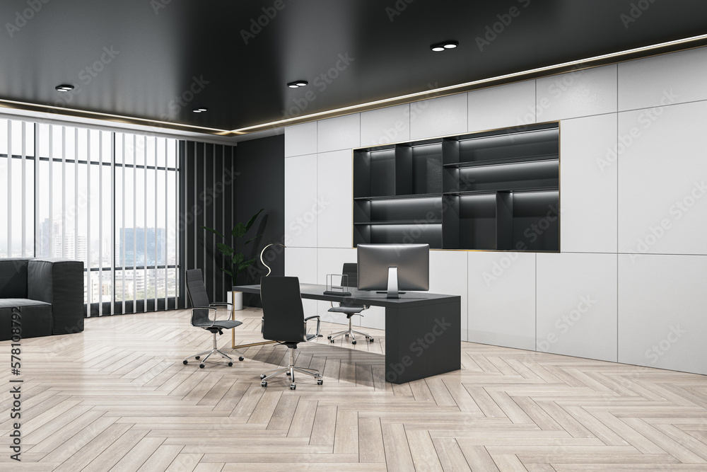 Modern office interior with dark bookshelf, wooden flooring and furniture. 3D Rendering.
