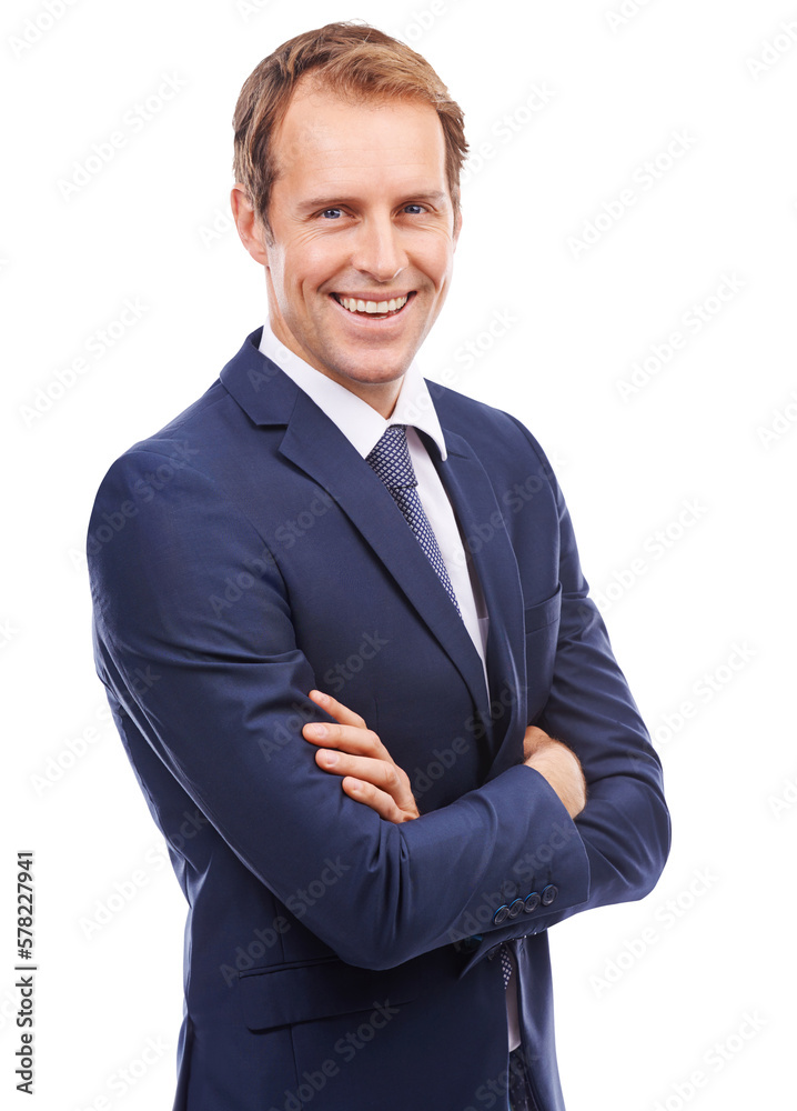 Standing with crossed arms, a well-dressed corporate employee displays a clear mindset and vision fo