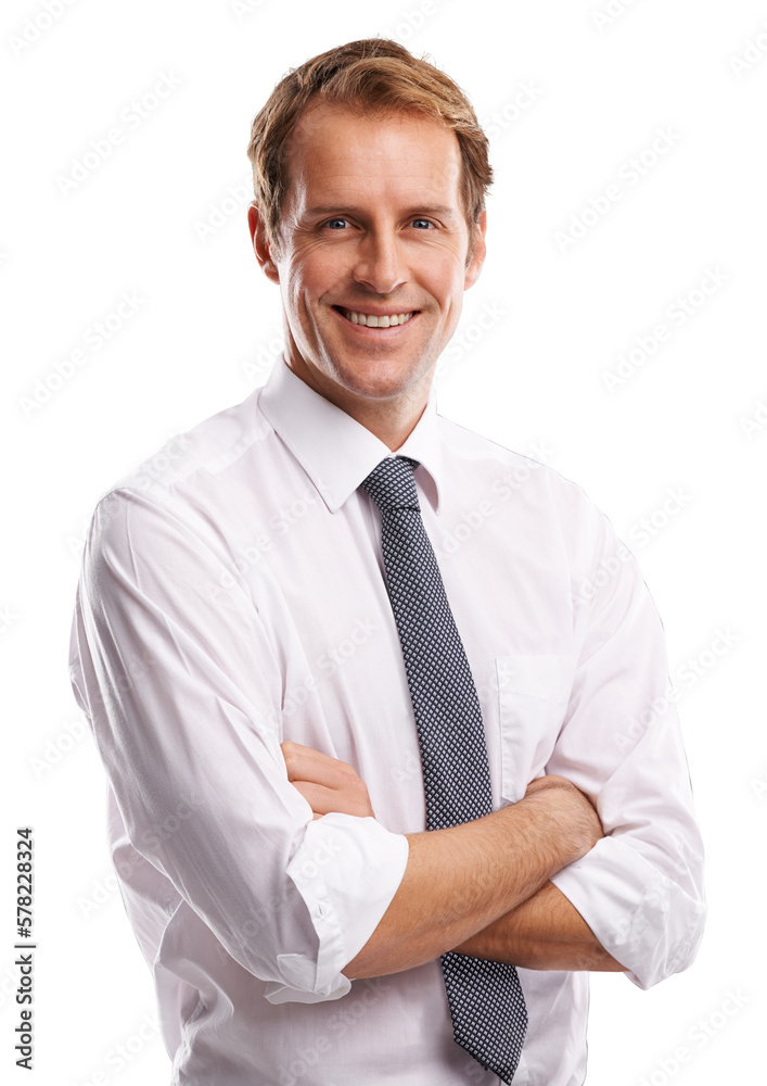 Standing confidently with arms crossed, a happy businessman or corporate professional exudes pride a