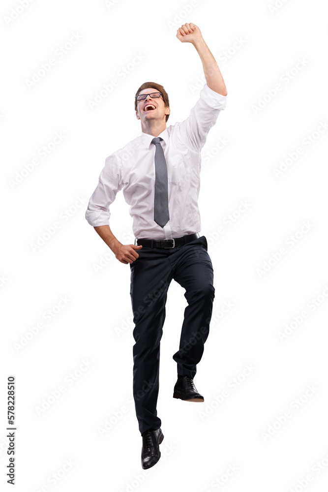 A jubilant businessman or entrepreneur jumping for joy or dancing in celebration of their companys 