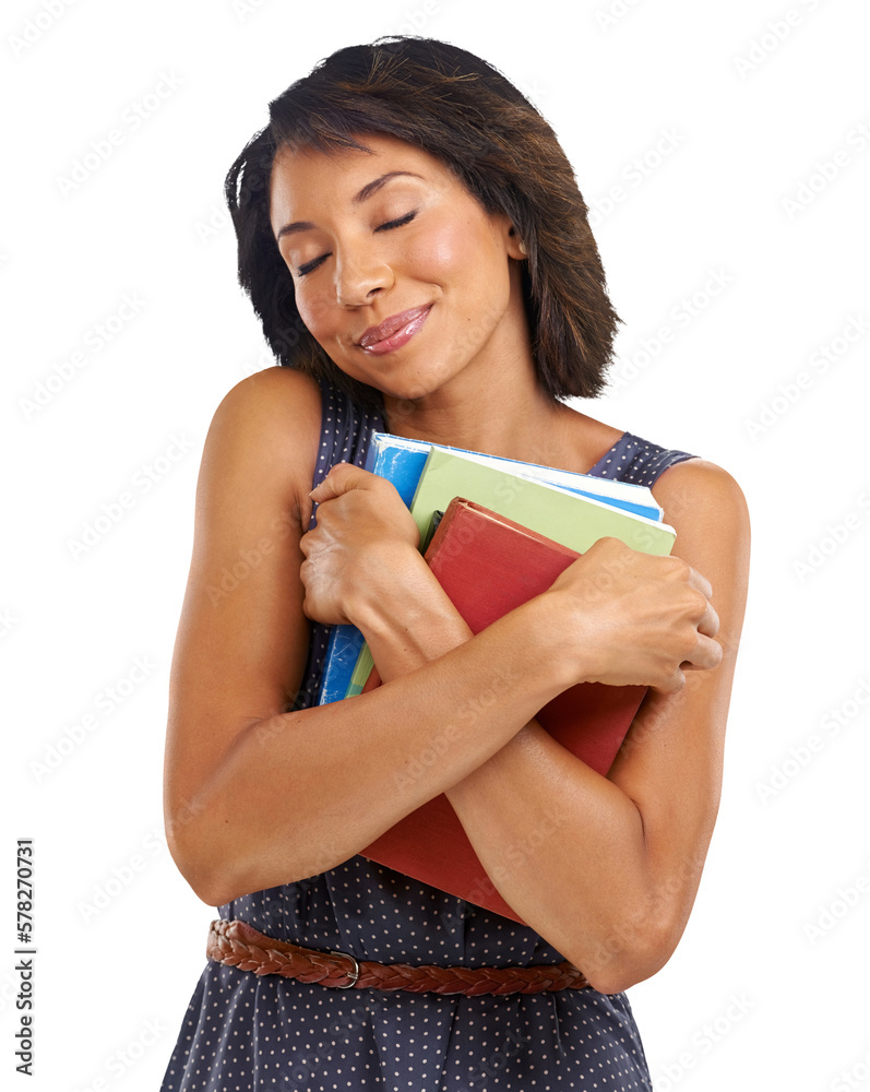 A woman is depicted tenderly embracing books, indicating a profound reverence for the knowledge and 