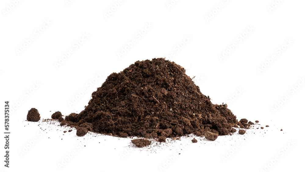Mound of soil isolated on white background. Pile of light-weight and nutrient potting mix substrate 