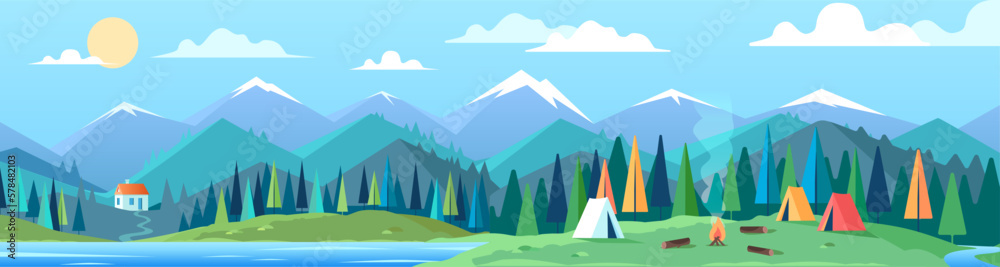 Mountains panorama landscape and tourist camp illustration