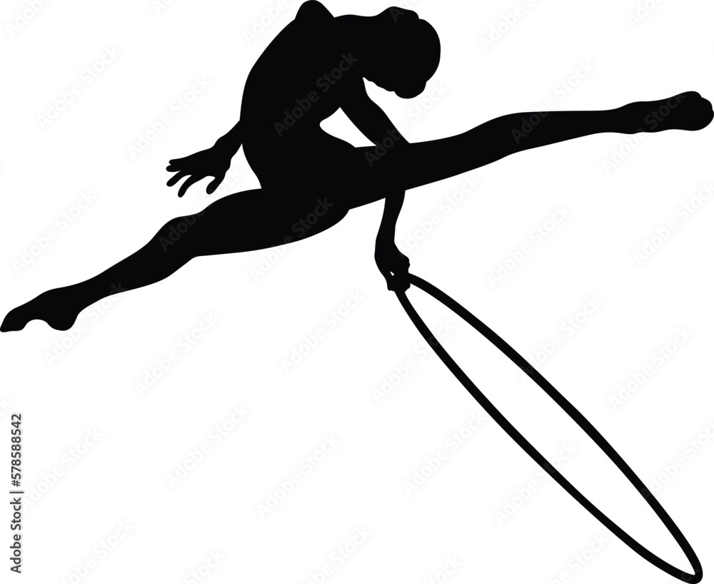 female gymnast split leap with hoop in rhythmic gymnastics side view, black silhouette on white back