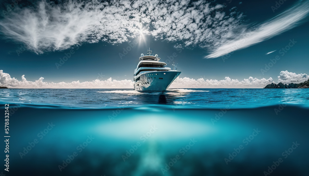 Low angle view on luxury yacht from the paradise turquoise ocean water surface. Sunny day in tropic 