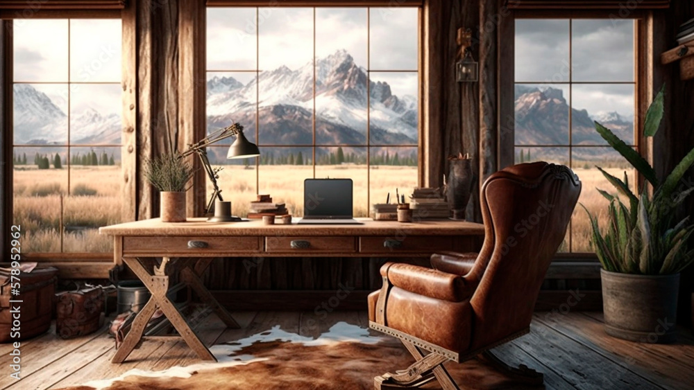 A stylish home office in a rustic cabin with a laptop, wooden desk and a leather chair, nature-inspi