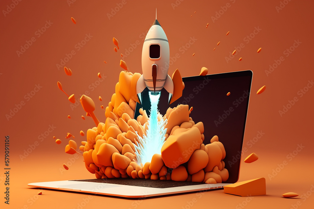 rocket takes off from laptop on an orange background, created by a neural network, Generative AI tec