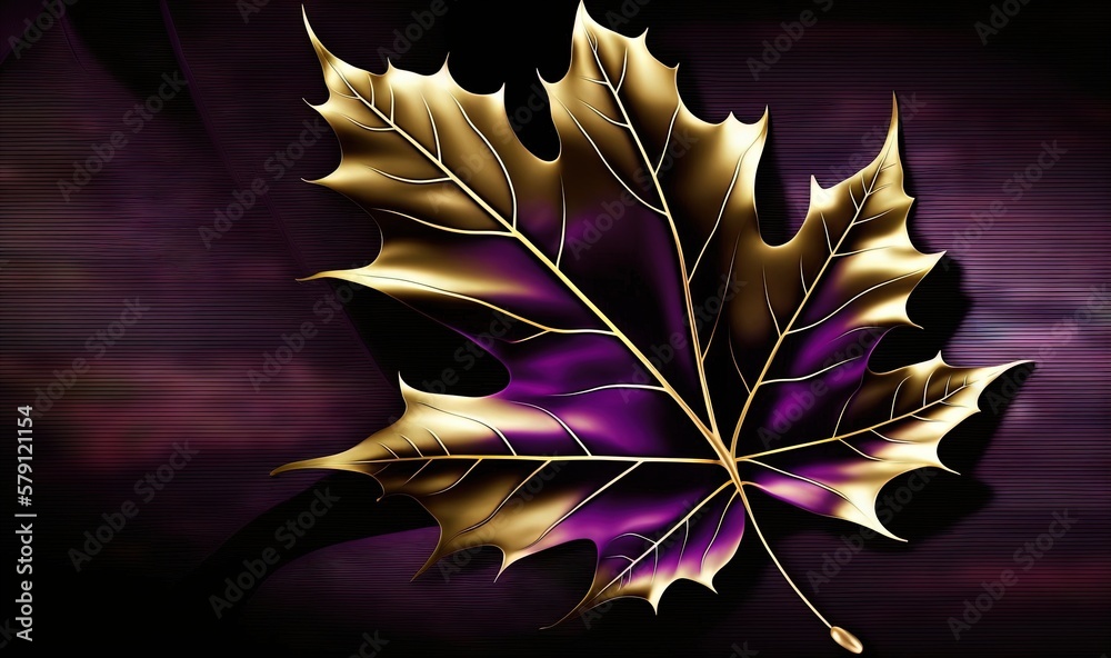  a purple and gold leaf on a black background with a purple and gold stripe in the middle of the lea
