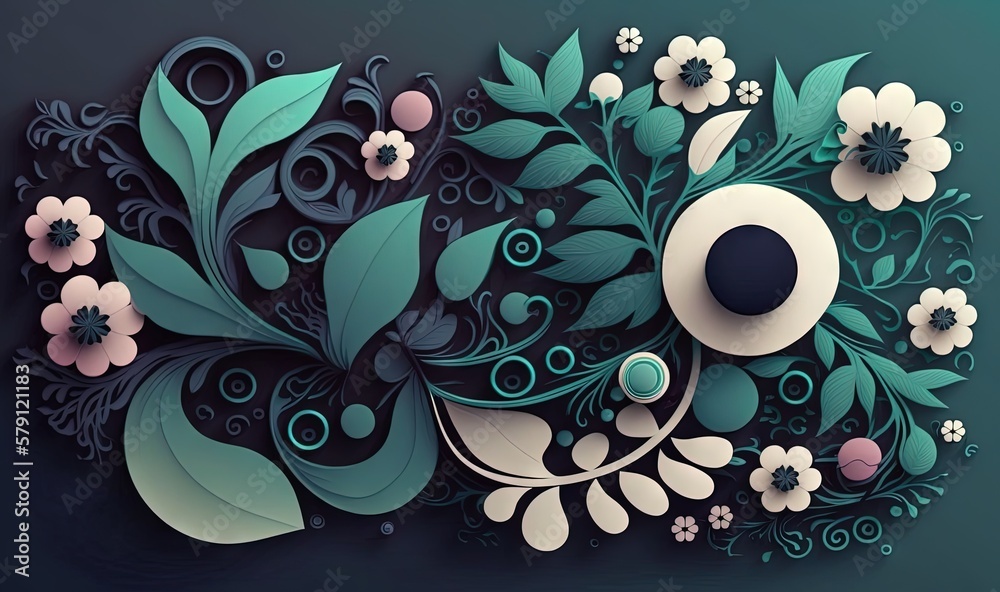  a paper cut out of flowers and leaves on a blue background with a black circle in the center of the