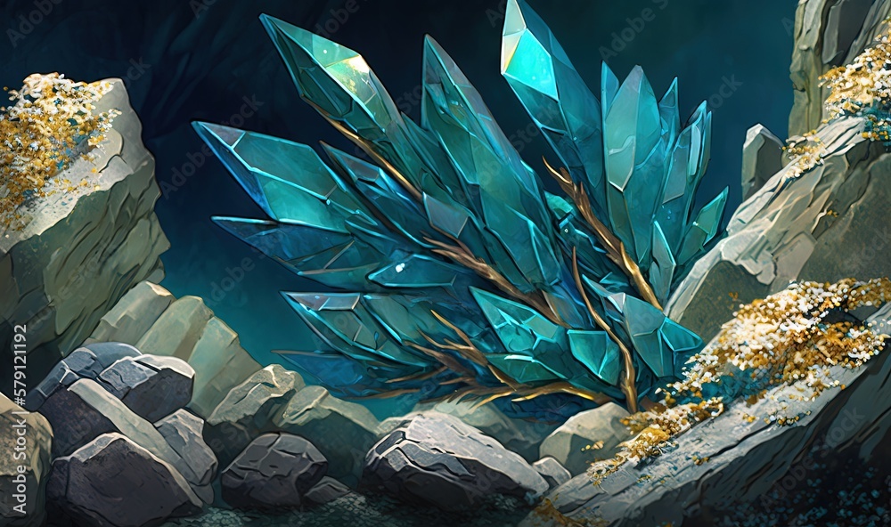  a digital painting of a blue crystal plant in a rocky area next to rocks and a body of water in the