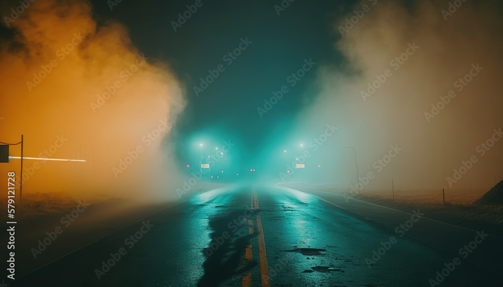  a foggy road with street lights on a foggy night in the country side of the country side of the uni