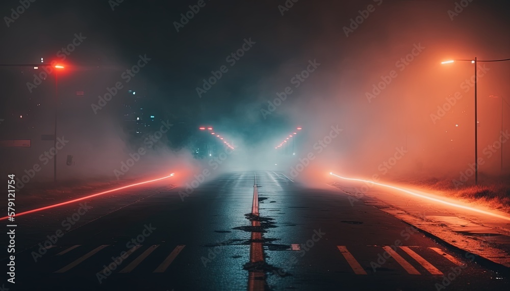  a foggy street with a red traffic light on the right and a red traffic light on the left on a foggy