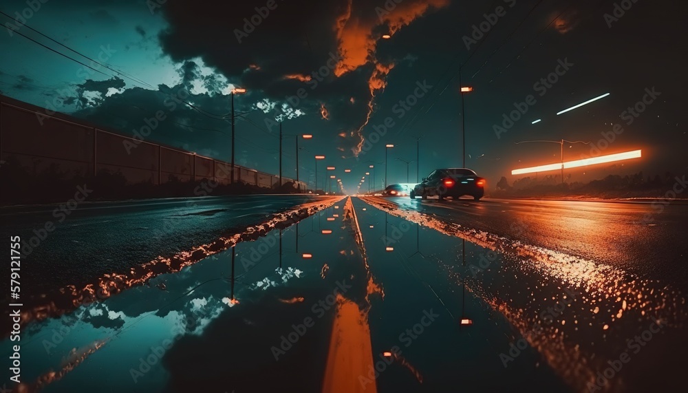  a car driving down a wet road at night with clouds in the sky and street lights reflecting in the w