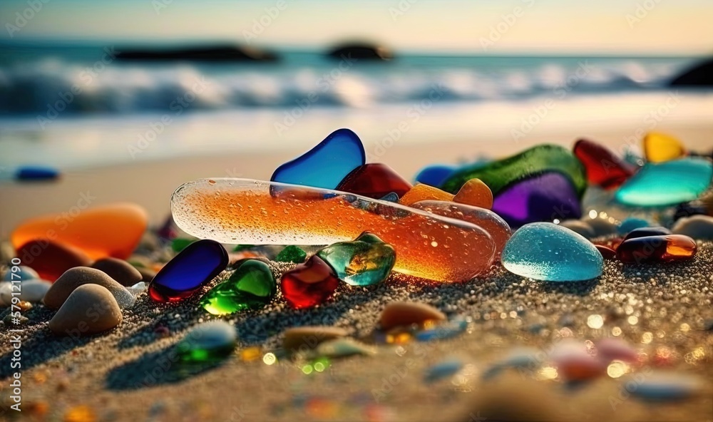  a bunch of colorful glass pebbles on a beach near the waters edge and a wave coming in from the oc