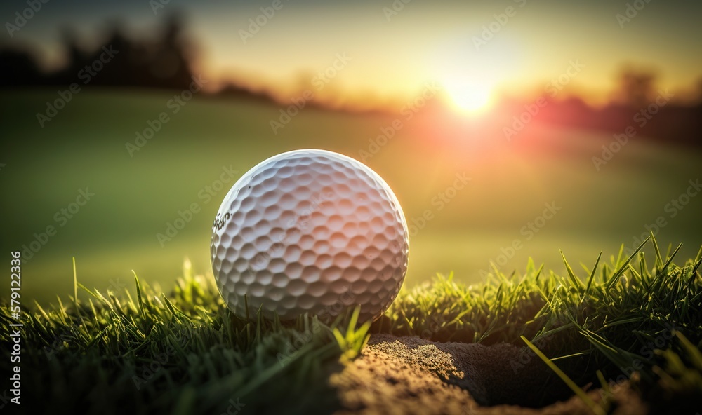  a golf ball sitting on top of a lush green golf course at sunset or sunrise or sunset in the distan