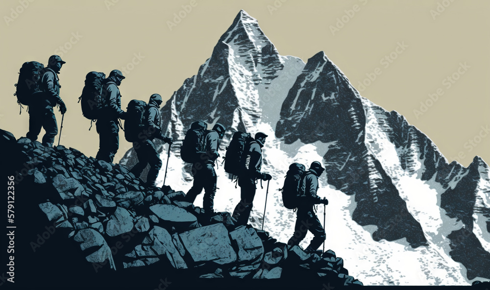  a group of people hiking up a mountain with backpacks on their back and a mountain range in the bac