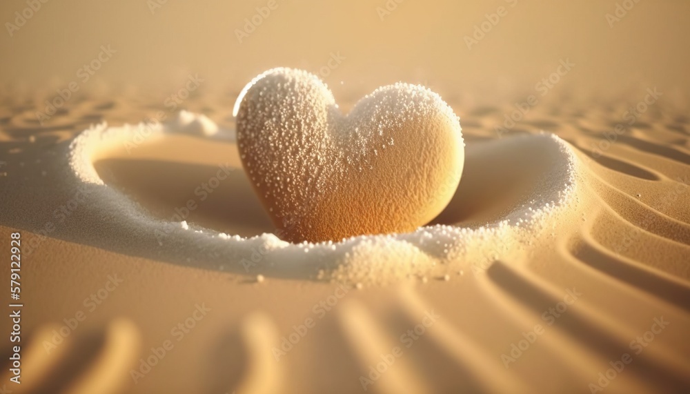  two heart shaped snowballs in a desert sand dune area, with the sun shining through the clouds in t