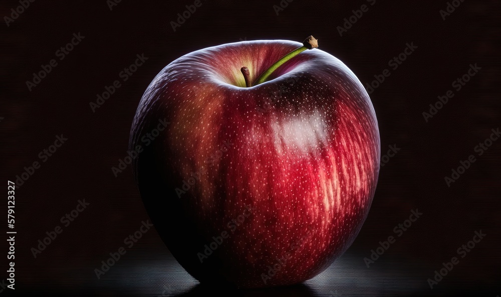  a red apple sitting on top of a black table next to a black background with a shadow of the apple o