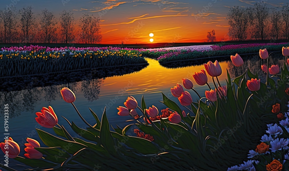  a painting of a sunset over a river with flowers in the foreground and a field of flowers in the fo