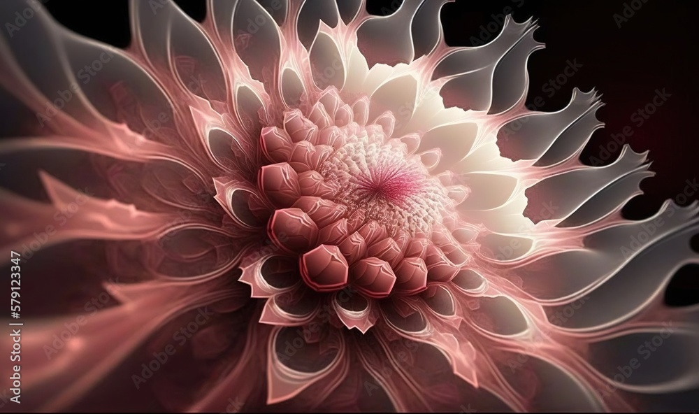  a pink and white flower is shown in this image with a black background and a red center in the cent
