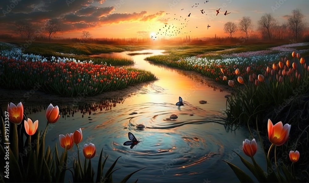  a painting of a sunset over a river with flowers and birds flying over the water at the edge of the