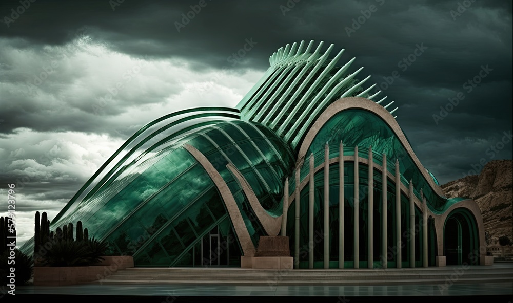  a futuristic building with a green roof and a dark sky in the background with dark clouds in the sk