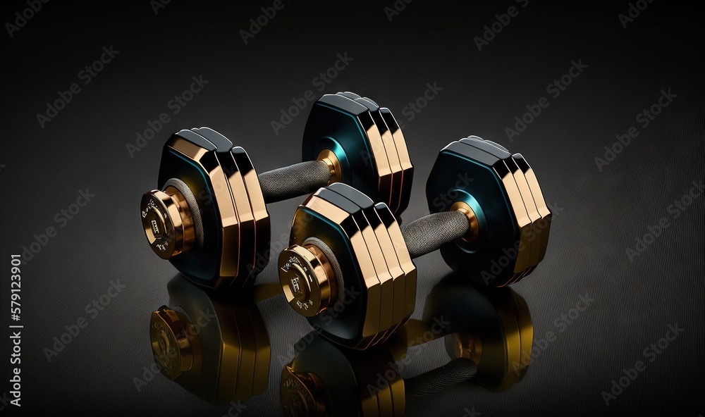  three gold and black dumbbells on a black surface with a reflection on the floor and a black backgr