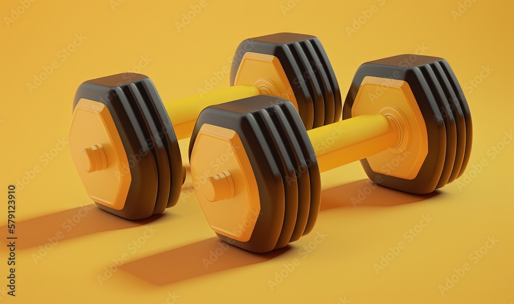  a pair of dumbbells sitting on a yellow surface with a shadow on the floor and a shadow on the wall