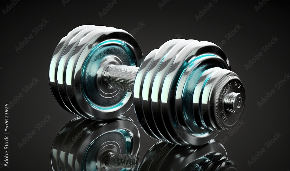  a pair of dumbbells sitting on top of a reflective surface in front of a black background with a re